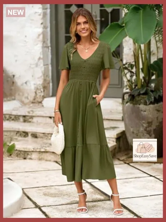 Boho Maxi Dress with Pockets Smocked Waist Flowy Tiered Summer Casual - Picture 5 of 7